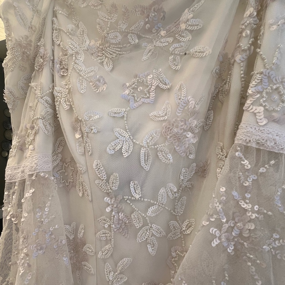 Adrianna Papell Off-Shoulder Sequin Beaded Floral Dress 3/4 Bell Sleeves NWT - Picture 15 of 16